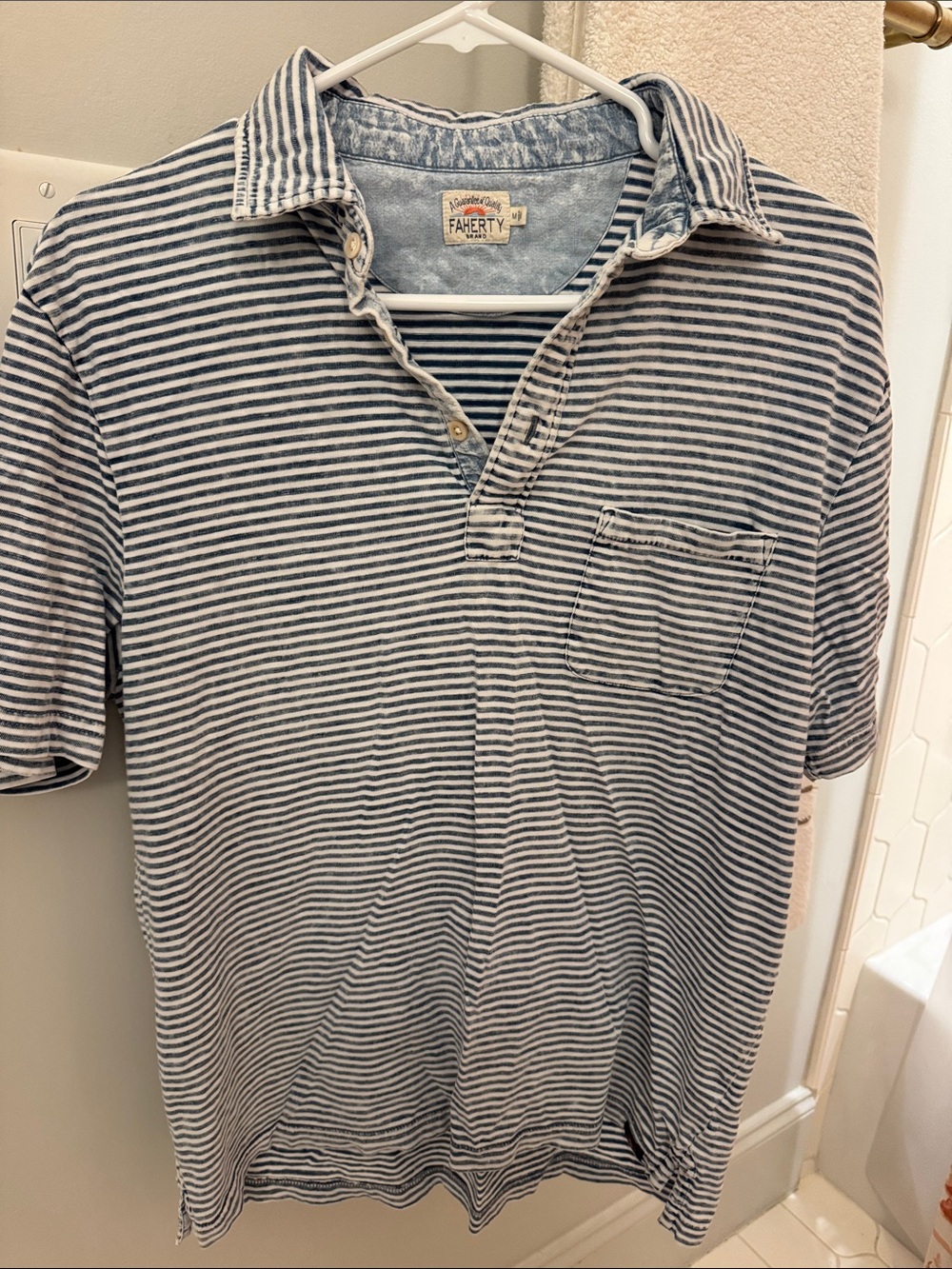 Faherty Navy and White Striped Polo Shirt